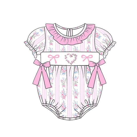 MOQ 5 PCS preorder SR3519 Valentines Day Love Flower Bows Stripe Pink Ruffle Short-Sleeved Girls Bubble Romper 202511
