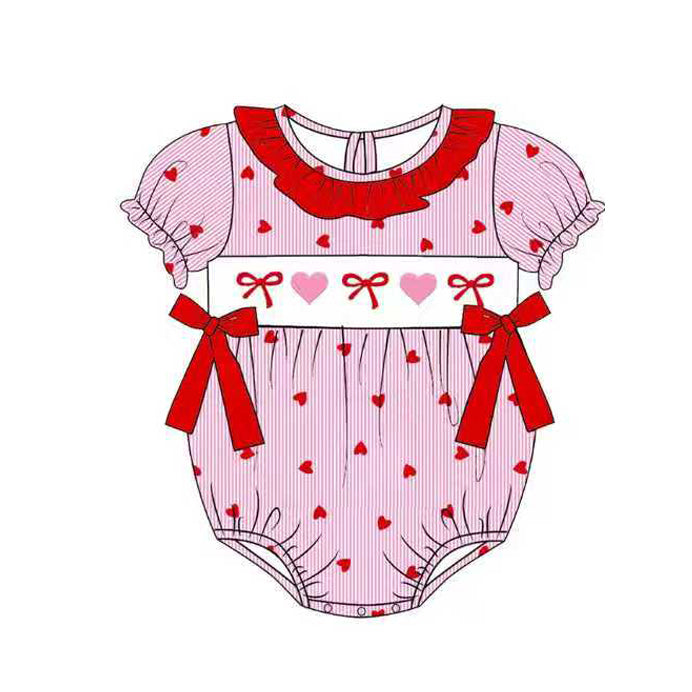MOQ 5 PCS preorder SR3520 Valentines Day Love Bows Stripe Red Ruffle Short-Sleeved Girls Bubble Romper 202511