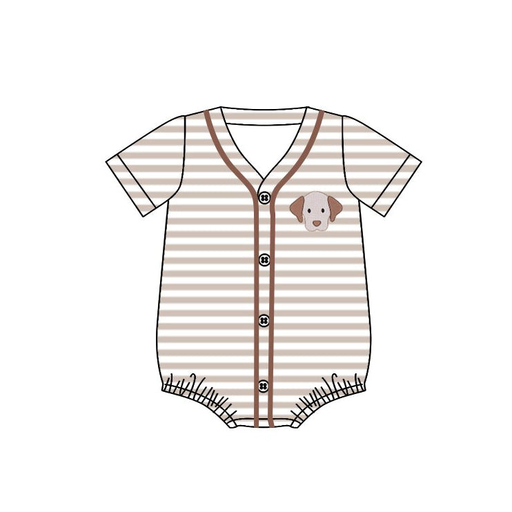MOQ 5 PCS preorder SR3525 Puppy Light Brown Stripe Buttons Short-Sleeved Boys Bubble Romper 202511