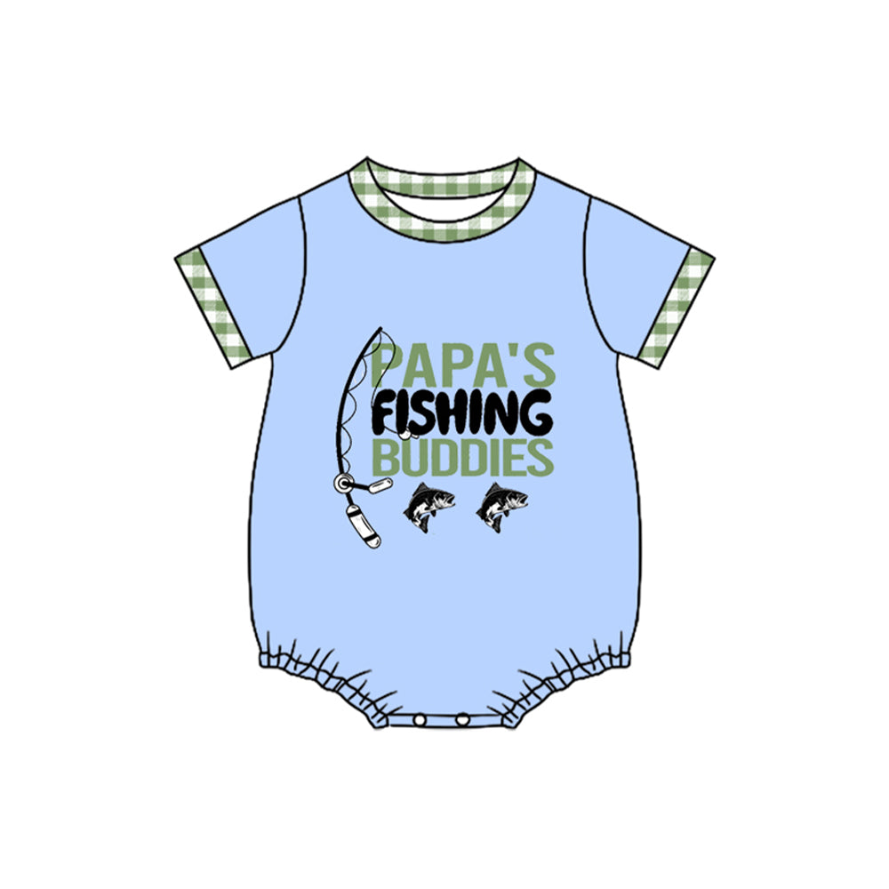 MOQ 5 PCS preorder SR3530 Papa's Fishing Buddies Fishing Letter Blue Short-Sleeved Boys Bubble Romper 202511