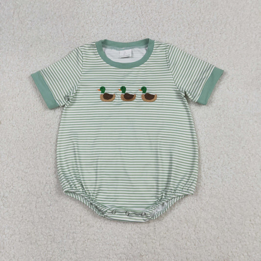 SR3531 Embroidered Ducks Green Stripe Short-Sleeved Boys Bubble Romper 202512 RTS