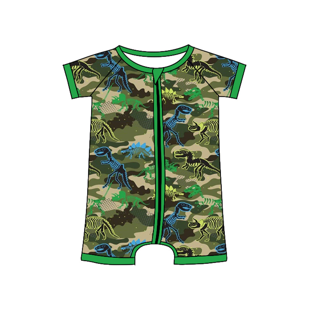 MOQ 5 PCS preorder SR3535 Dinosaur Green Camouflage Zipper Short-Sleeved Boys Romper 202511