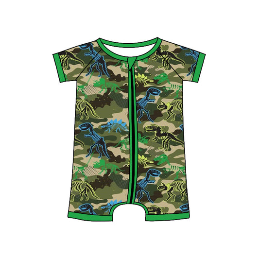 MOQ 5 PCS preorder SR3535 Dinosaur Green Camouflage Zipper Short-Sleeved Boys Romper 202511