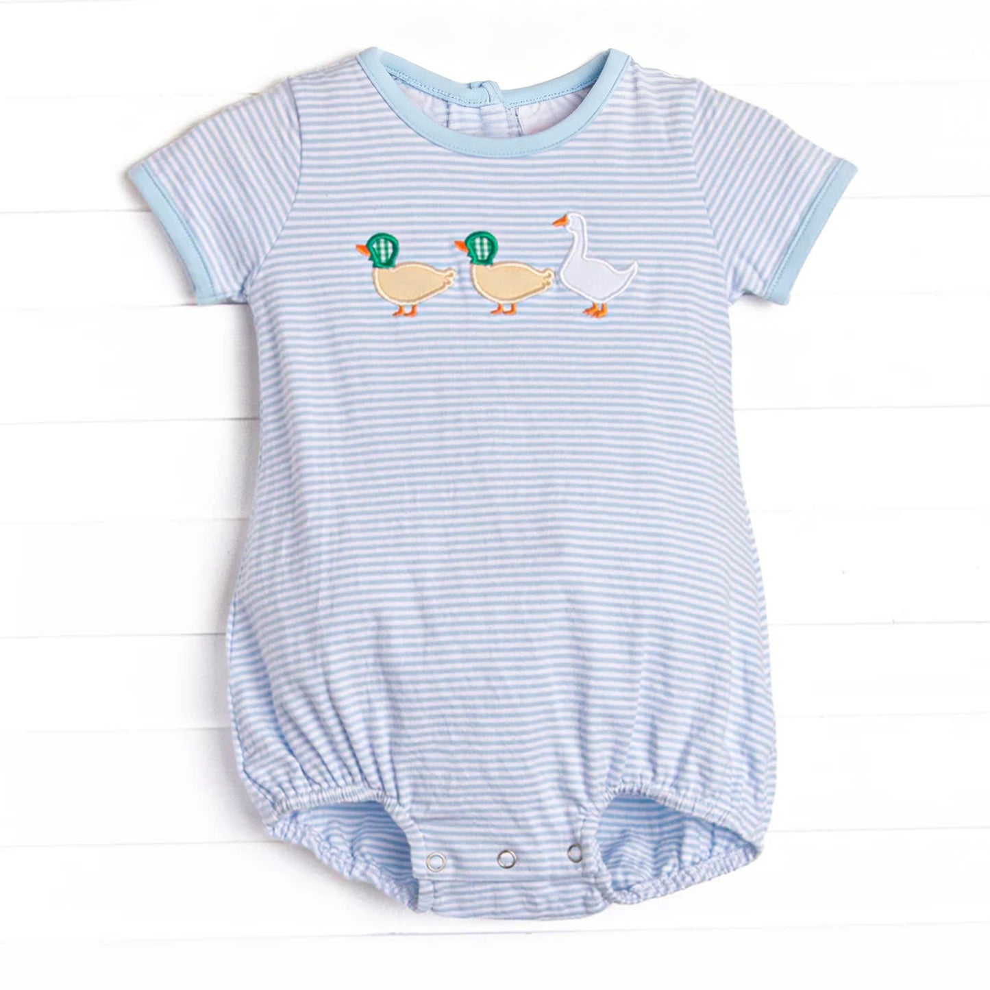 MOQ 5 PCS preorder SR3540 Duck and Goose Blue Stripe Short Sleeve Boys Bubble Romper 202511 Sibling