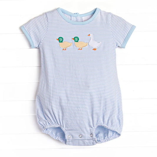 MOQ 5 PCS preorder SR3540 Duck and Goose Blue Stripe Short Sleeve Boys Bubble Romper 202511 Sibling