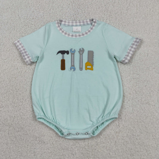 SR3541 Embroidered Hammer Wrench Tools Light Green Short Sleeve Boys Bubble Romper 202604 RTS Sibling