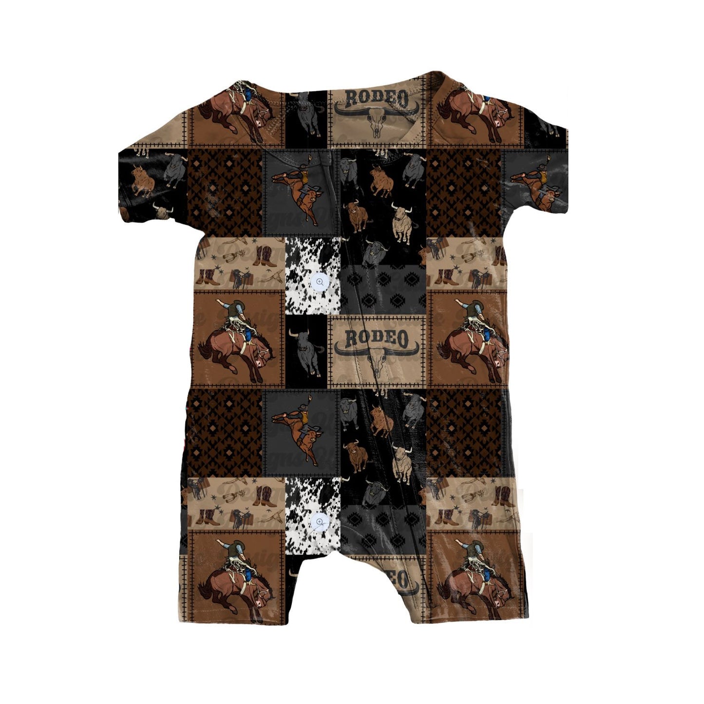 MOQ 5 PCS preorder SR3545 Cowboy Rodeo Horse Riding Brown Zipper Short Sleeve Boys Romper 202511