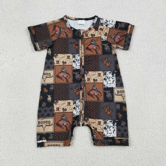 SR3545 Cowboy Rodeo Horse Riding Brown Zipper Short Sleeve Boys Romper 202604 RTS