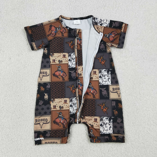 SR3545 Cowboy Rodeo Horse Riding Brown Zipper Short Sleeve Boys Romper 202604 RTS