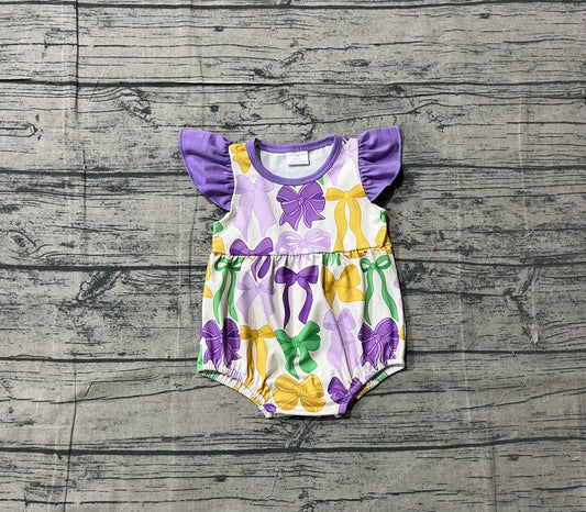 NO MOQ preorder SR3546 Mardi Gras Colored Bows Purple Flying Sleeve Girls Bubble Romper 202512