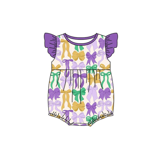 MOQ 5 PCS preorder SR3546 Mardi Gras Colored Bows Purple Flying Sleeve Girls Bubble Romper 202511
