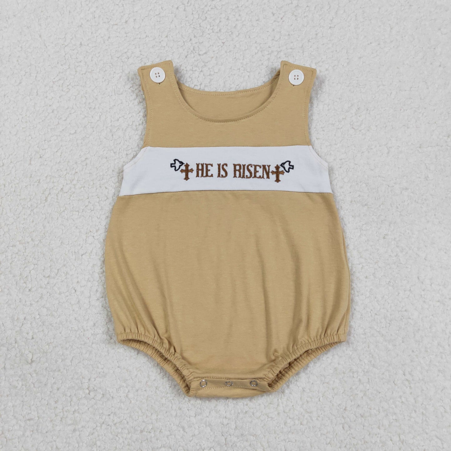 SR3547 Embroidered He id Risen Easter Cross Khaki Sleeveless Boys Bubble Romper 202603 RTS