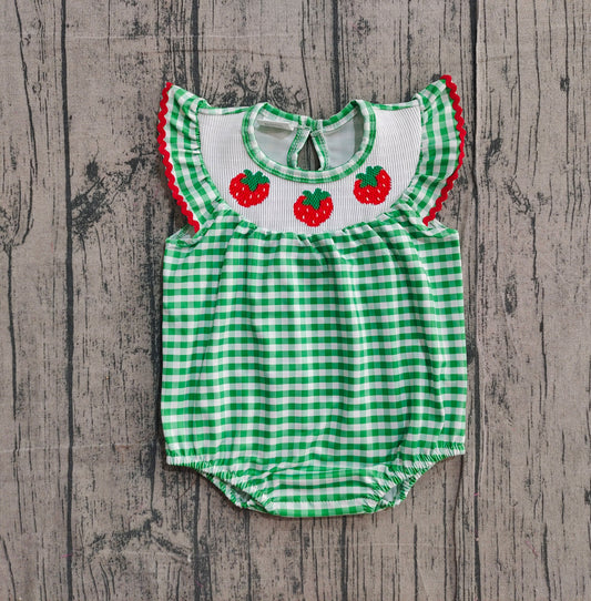 NO MOQ preorder SR3550 Smoked Strawberry Green Plaid Flying Sleeve Girls Bubble Romper 202511