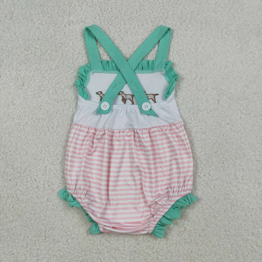 SR3558 Embroidered Puppy Stripe Blue Green Ruffle Sleeveless Girls Bubble Romper 202603 RTS Sibling