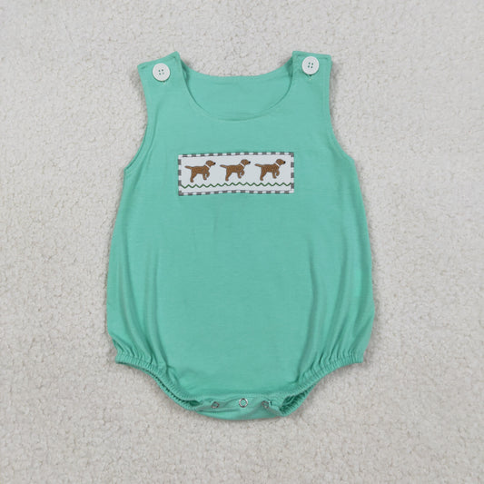 SR3559 Embroidered Puppy Blue Green Sleeveless Boys Bubble Romper 202601 RTS Sibling
