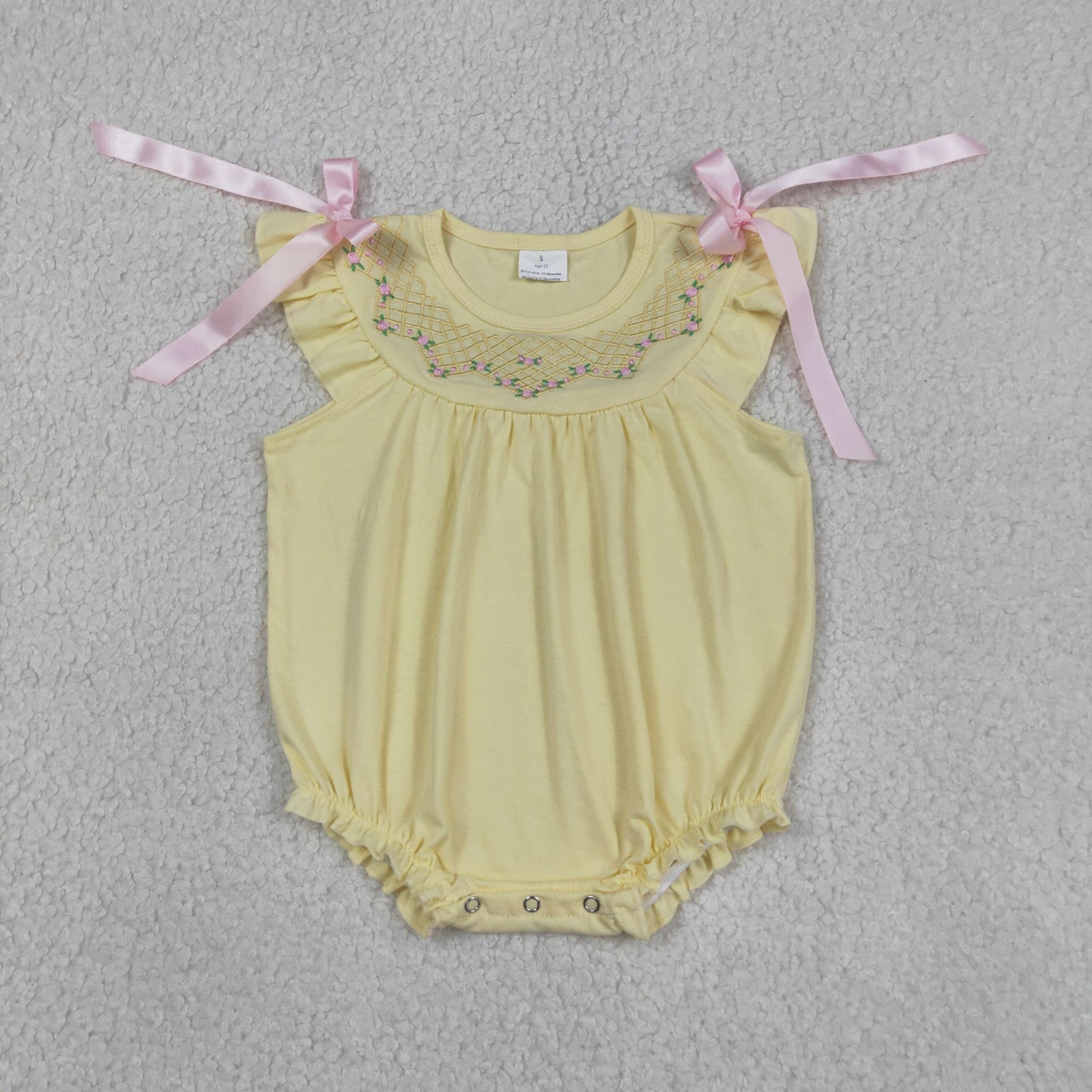 SR3561 Embroidered Flower Yellow Flying Sleeve Girls Bubble Romper 202604 RTS