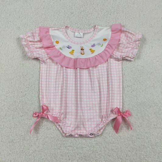 SR3565 Easter Bunny Chick Flower Bows Pink Plaid Short Sleeve Girls Bubble Romper 202512 RTS