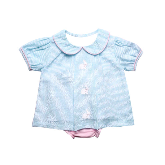 MOQ 5 PCS preorder SR3567 Easter Bunny Doll Collar Blue Plaid Short Sleeve Girls Bubble Romper 202511