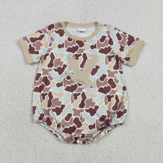 SR3572 Embroidered Duck Light Brown Camouflage Short Sleeve Boys Bubble Romper 202601 RTS