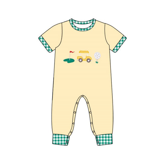 MOQ 5 PCS preorder SR3574 Golf Green Plaid O-Neck Beige Yellow Short Sleeve Boys Romper 202511 Sibling