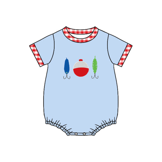 MOQ 5 PCS preorder SR3577 Fishing Floats Red Plaid Neck Blue Short Sleeve Boys Bubble Romper 202511
