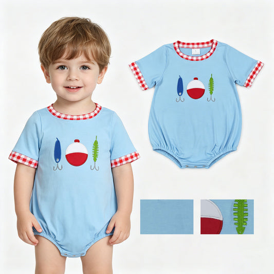 SR3577 Embroidered Fishing Floats Red Plaid Neck Blue Short Sleeve Boys Bubble Romper 202604 RTS