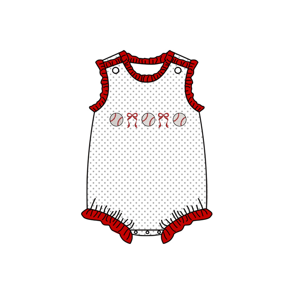 MOQ 5 PCS preorder SR3581 Baseball Bows Polka Dot Red Ruffle Sleeveless Girls Bubble Romper 202511 Sibling