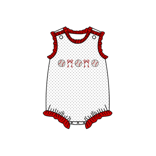 MOQ 5 PCS preorder SR3581 Baseball Bows Polka Dot Red Ruffle Sleeveless Girls Bubble Romper 202511 Sibling