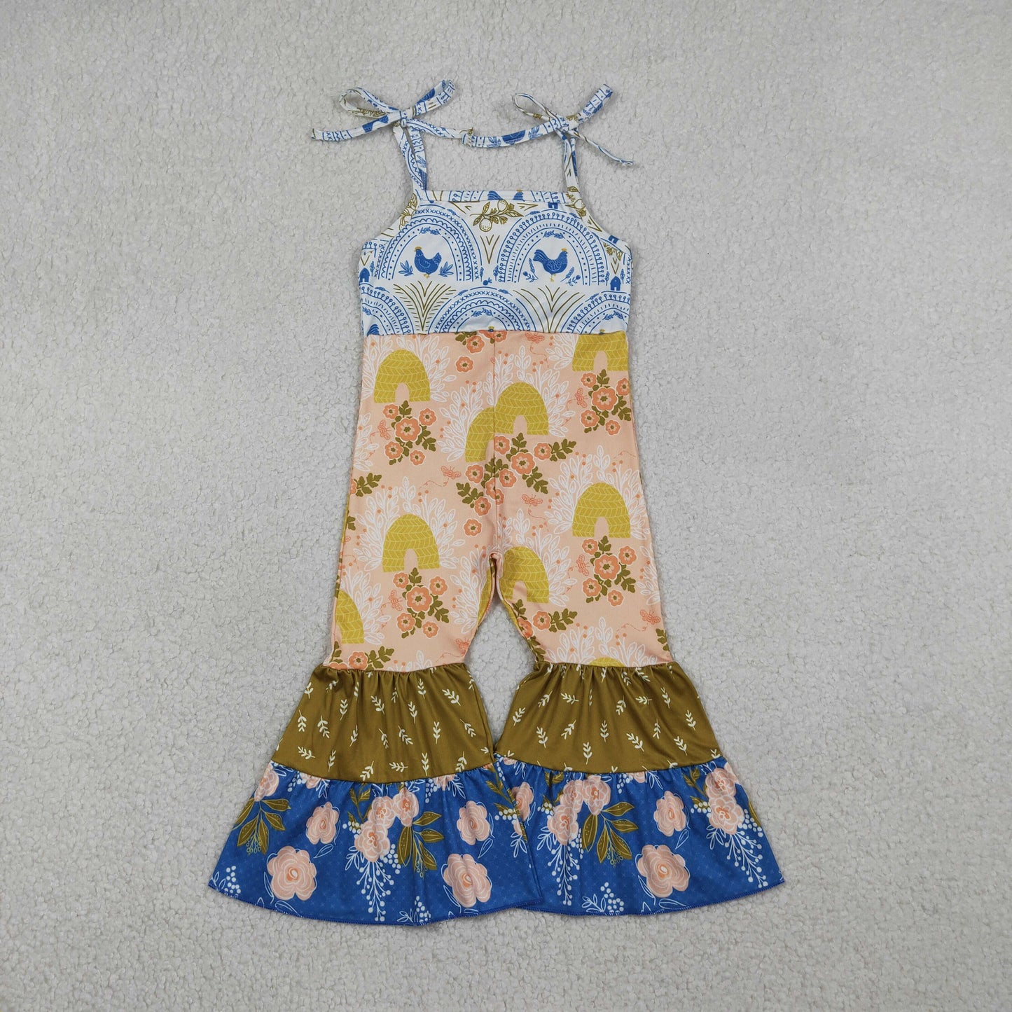 SR3582 Chicken Rainbow Flower Leaf Patchwork Halter Girls Overalls Jumpsuits 20260119 RTS