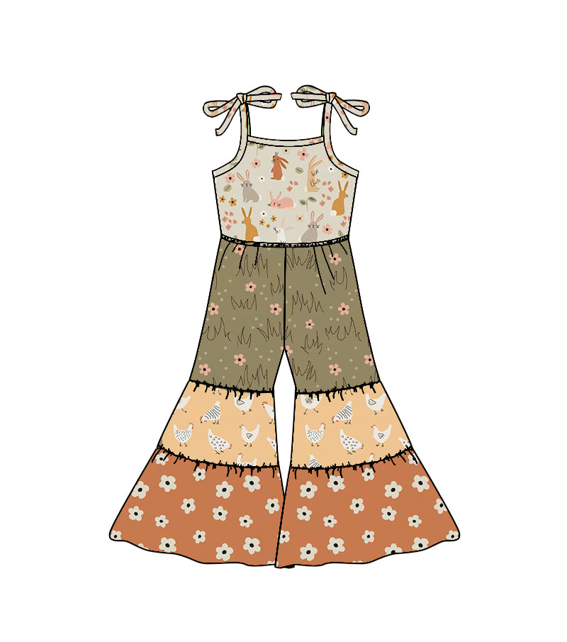 MOQ 5 PCS Preorder SR3583 Easter Rabbits Chicken Flower Patchwork Halter Girls Overalls Jumpsuits 202511