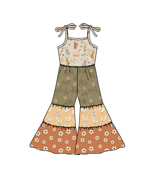 MOQ 5 PCS Preorder SR3583 Easter Rabbits Chicken Flower Patchwork Halter Girls Overalls Jumpsuits 202511