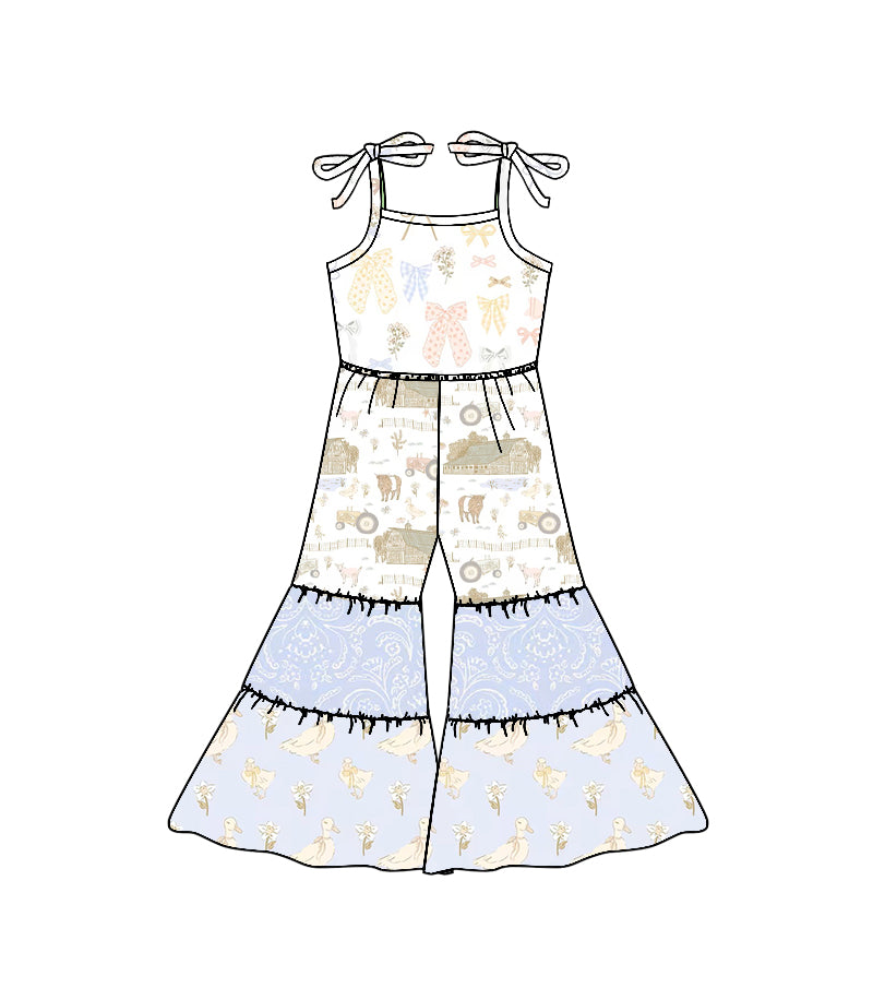 MOQ 5 PCS Preorder SR3586 Bows Farm Animals Patchwork Halter Girls Overalls Jumpsuits 202511