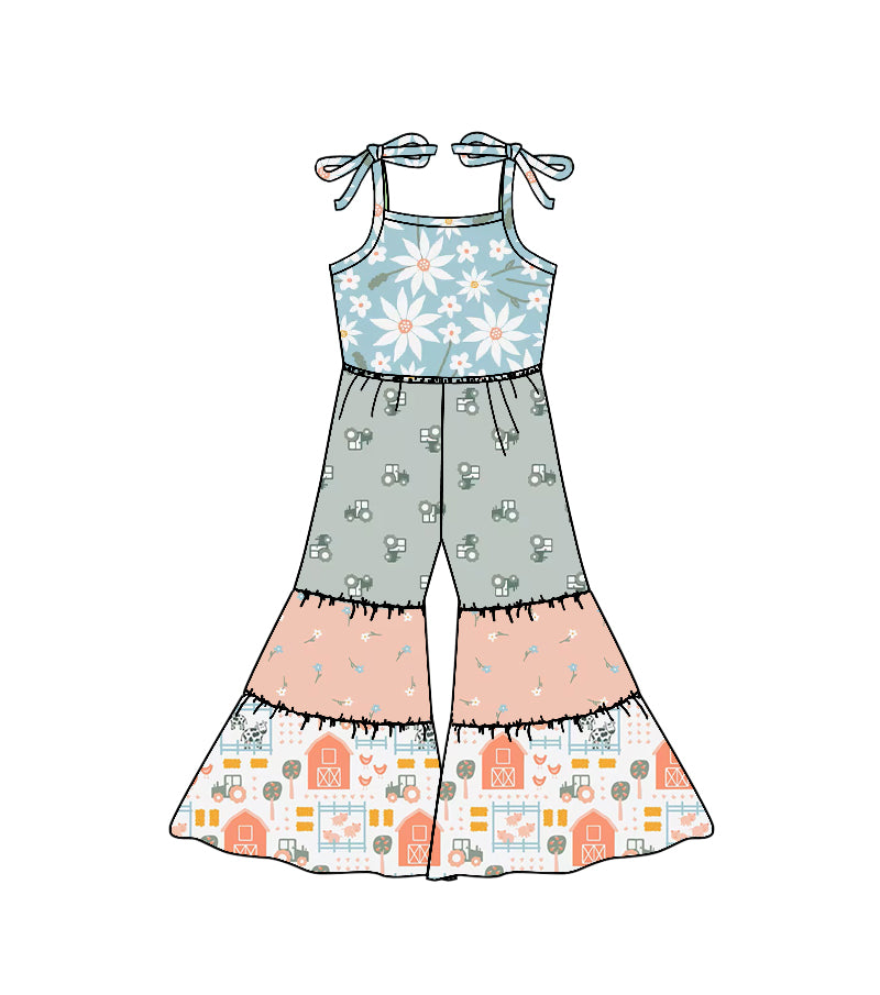 MOQ 5 PCS Preorder SR3587 Flower Trucks Farm Animals Patchwork Halter Girls Overalls Jumpsuits 202511