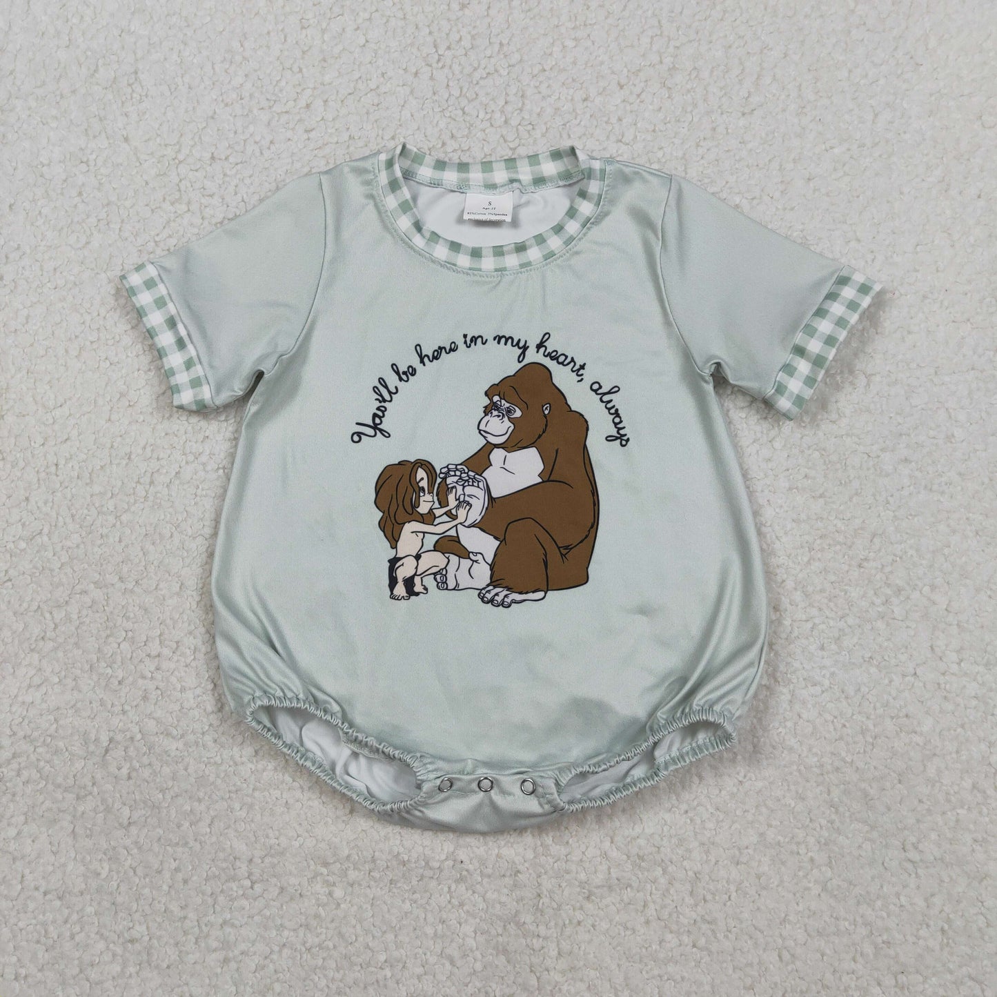 SR3588 You will always be in my heart, always. Gorilla Blue Green Short Sleeve Boys Bubble Romper 202601 RTS Sibling