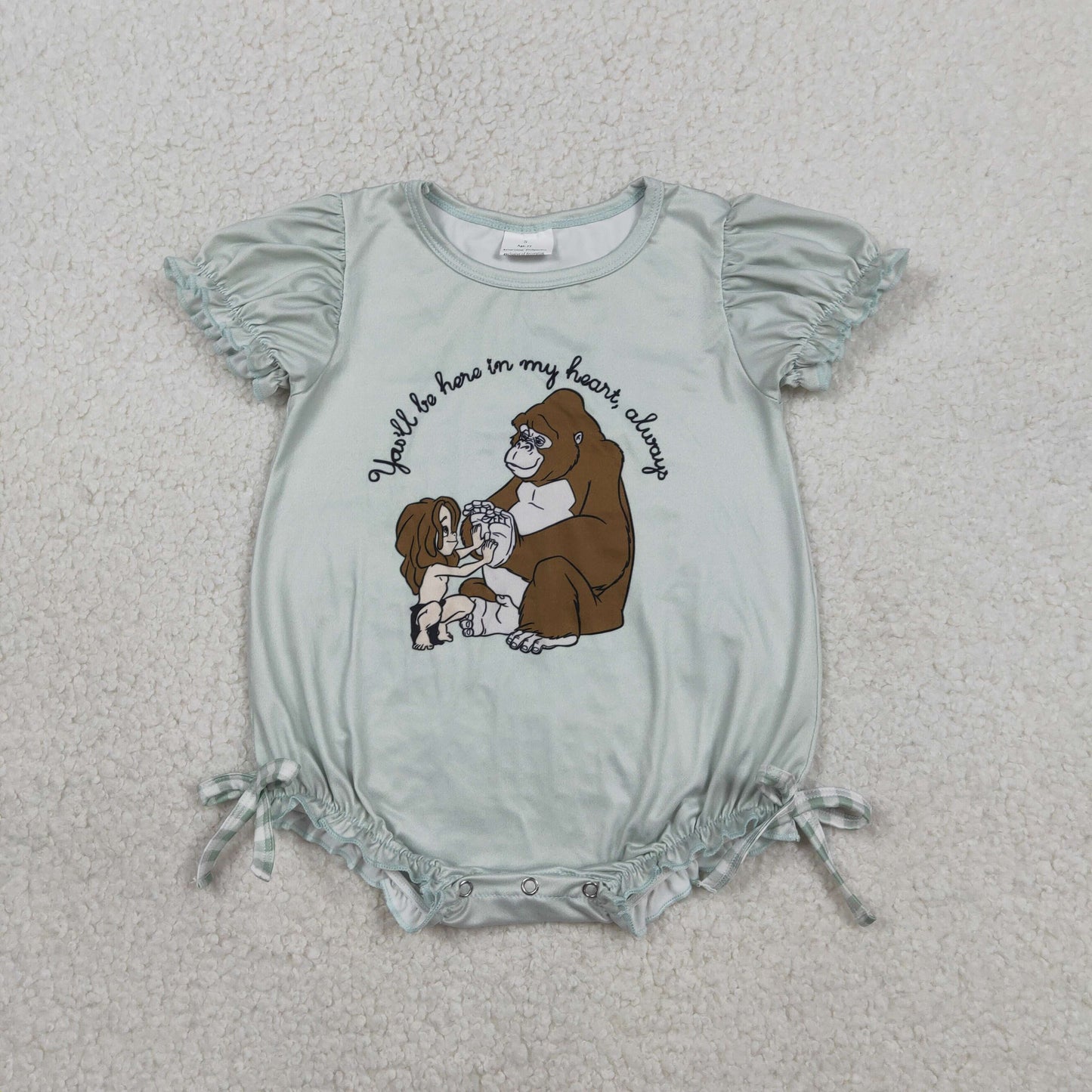 SR3589 You will always be in my heart, always. Bows Gorilla Blue Green Short Sleeve Girls Bubble Romper 202601 RTS Sibling