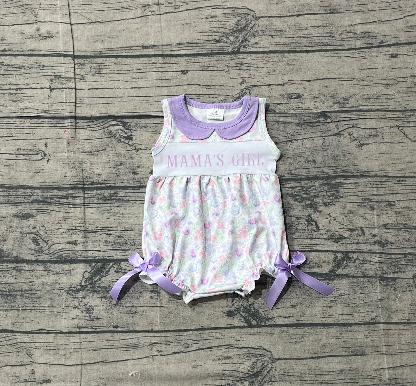 NO MOQ preorder SR3591 Embroidered MAMA'S GIRL Bows Flower Purple Doll Collar Sleeveless Girls Bubble Romper 202512 Sibling