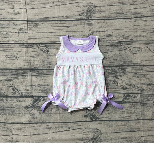 NO MOQ preorder SR3591 Embroidered MAMA'S GIRL Bows Flower Purple Doll Collar Sleeveless Girls Bubble Romper 202512 Sibling