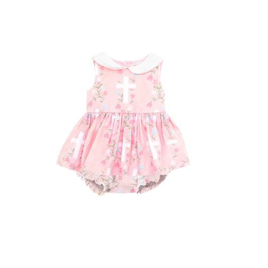 MOQ 5 PCS preorder SR3594 Easter Cross Flower Doll Collar Pink Sleeveless Girls Bubble Romper 202511 Sibling