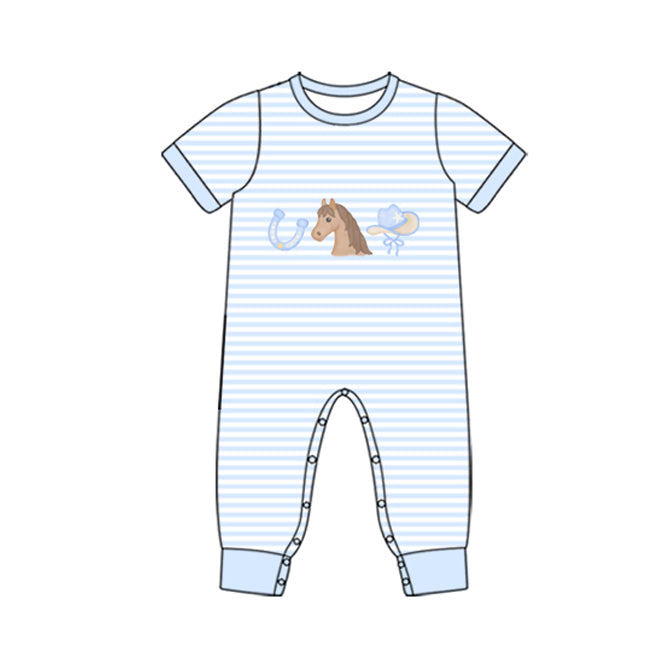 MOQ 5 PCS preorder SR3598 Horse Cowboy Hat Blue Stripe Short Sleeve Boys Romper 202511
