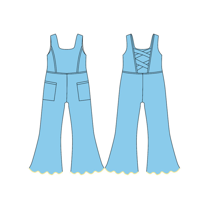 MOQ 5 PCS Preorder SR3602 Solid Blue Pocket Sleeveless Girls Yoga Overalls Jumpsuits 202511