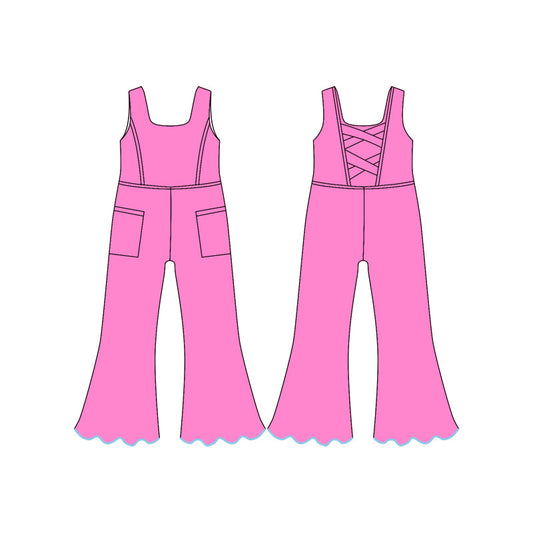MOQ 5 PCS Preorder SR3603 Solid Rose Red Pocket Sleeveless Girls Yoga Overalls Jumpsuits 202511