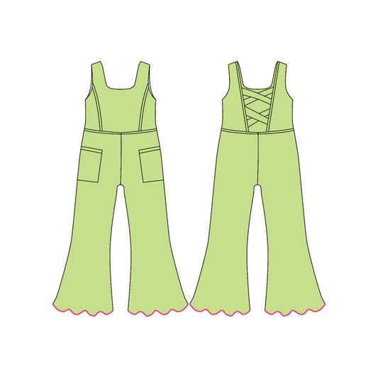 MOQ 5 PCS Preorder SR3604 Solid Green Pocket Sleeveless Girls Yoga Overalls Jumpsuits 202511