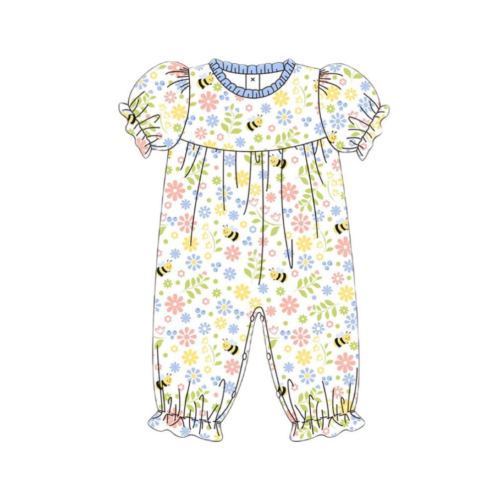 MOQ 5 PCS preorder SR3607 Bee Flower Leaf Blue Ruffle Short Sleeve Girls Romper 202511