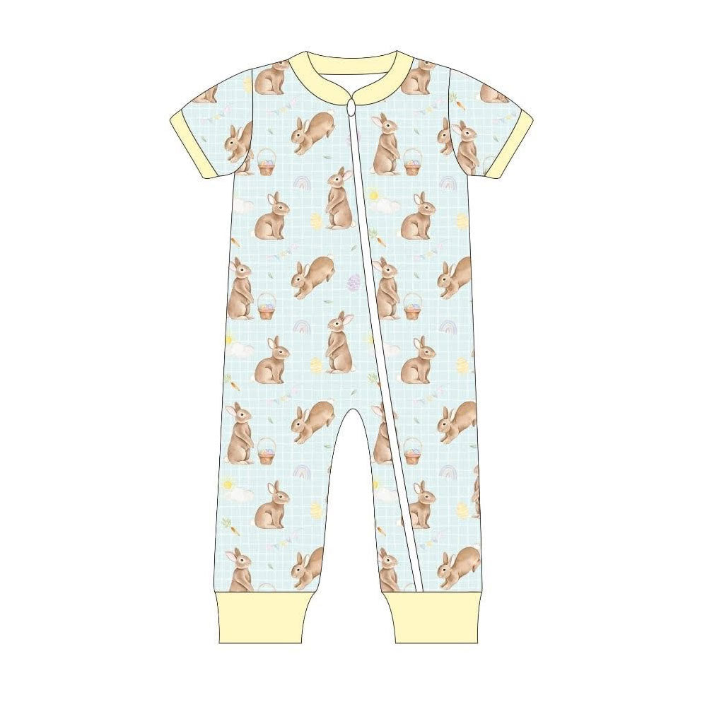 MOQ 5 PCS preorder SR3612 Easter Bunny Plaid Yellow Zip Short Sleeve Boys Romper 202511
