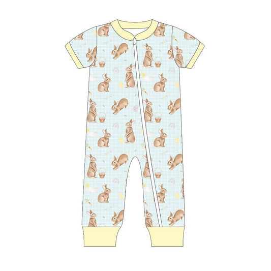 MOQ 5 PCS preorder SR3612 Easter Bunny Plaid Yellow Zip Short Sleeve Boys Romper 202511