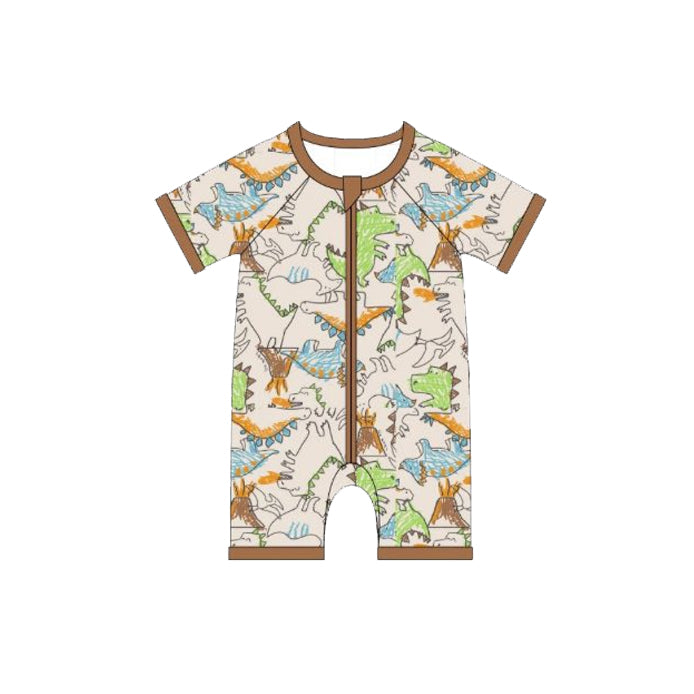 MOQ 5 PCS preorder SR3614 Dinosaur Brown Zip Short Sleeve Boys Romper 202511