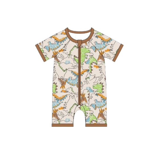 MOQ 5 PCS preorder SR3614 Dinosaur Brown Zip Short Sleeve Boys Romper 202511