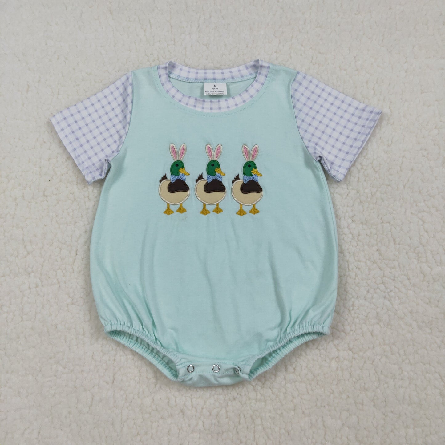 SR3630 Embroidered Easter Bunny Ear Ducks Blue Green Short Sleeve Boys Bubble Romper 202603 RTS