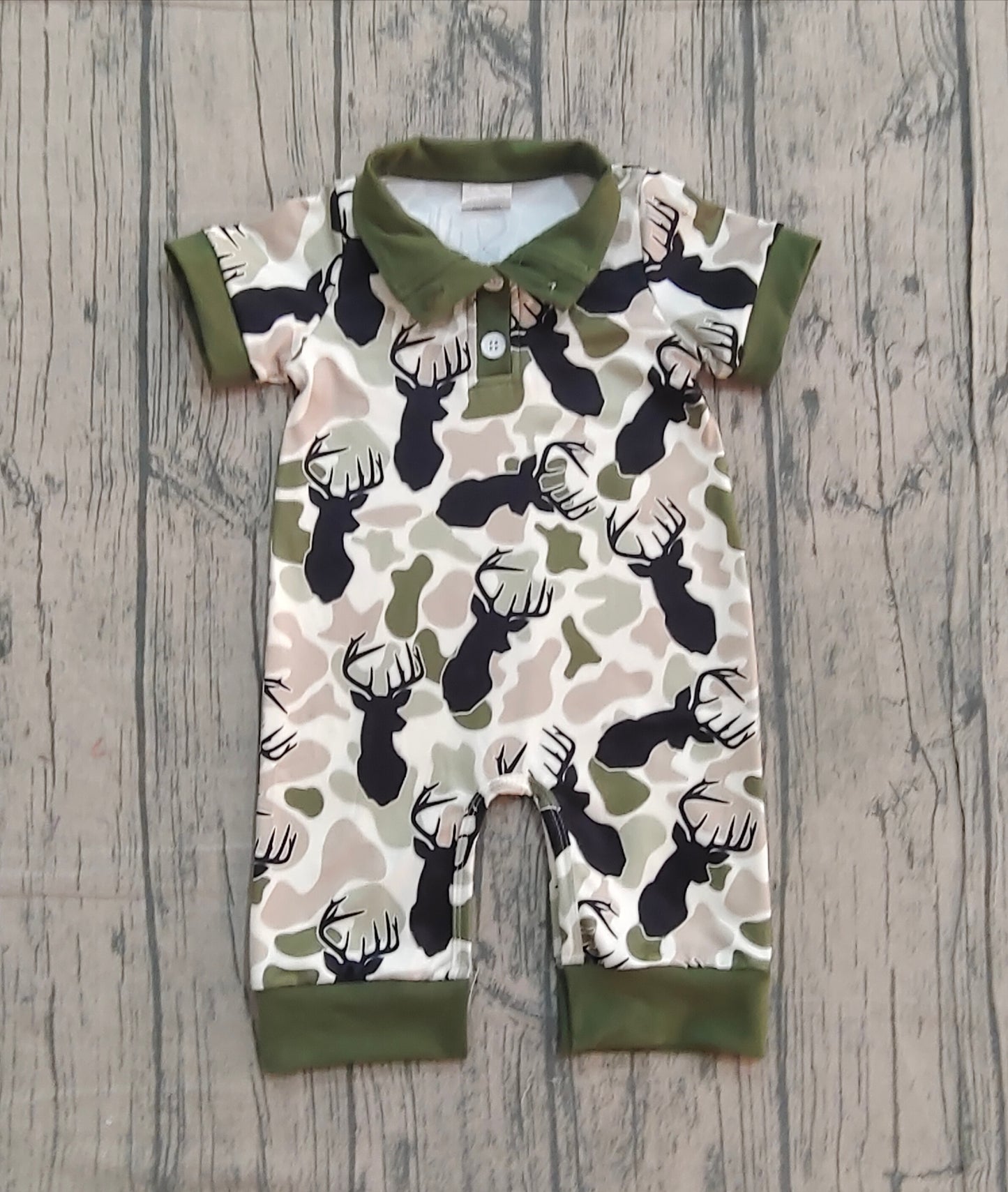 NO MOQ preorder SR3636 Deer Hunting Green Camouflage Polo Short Sleeve Boys Romper 202512