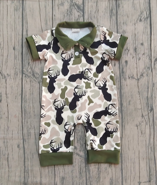 NO MOQ preorder SR3636 Deer Hunting Green Camouflage Polo Short Sleeve Boys Romper 202512